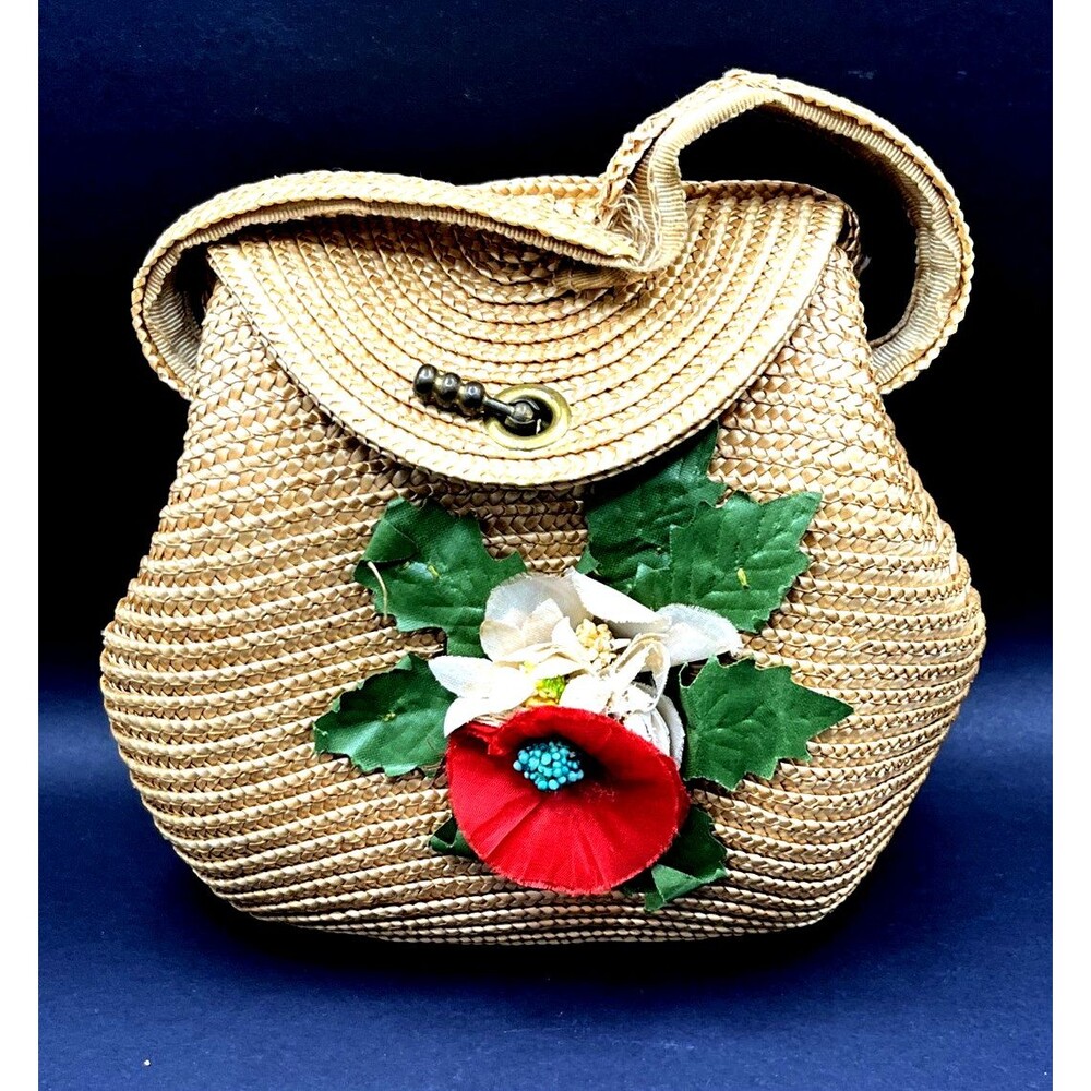 Vtg Petite Woven Straw Raffia Handbag Purse Floral Applique Child Girl 1950s